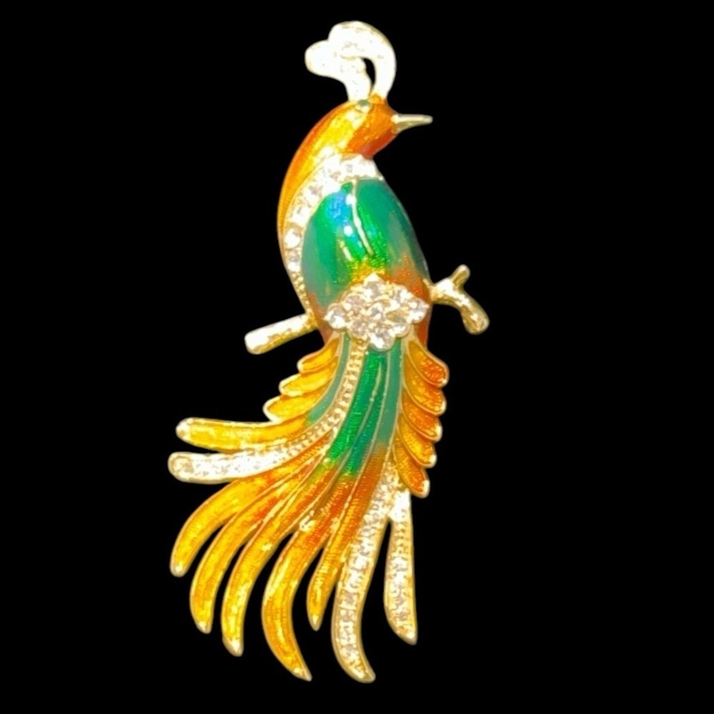 Bird of paradise enamel, rhinestone, gold tone, brooch, pin, estate jewelry